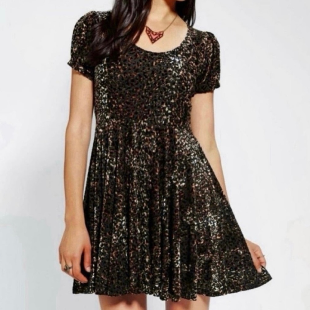 MinkPink x Revolve velvet brown and black leopard print skater dress size small